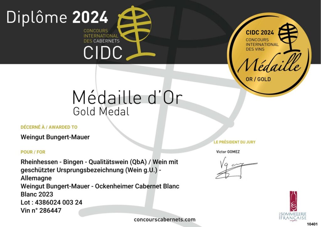 CIDC auszeichung unseres Cabernet Cabernet Blanc (T 02)