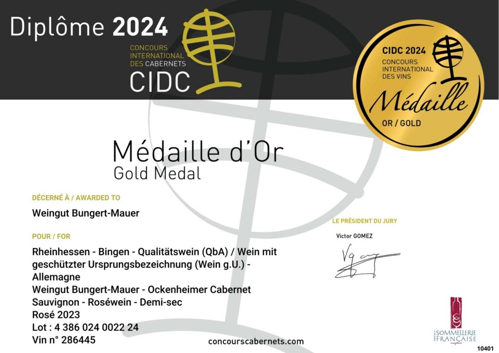 CIDC auszeichung unseres Cabernet Sauvignon Rosé (W91)